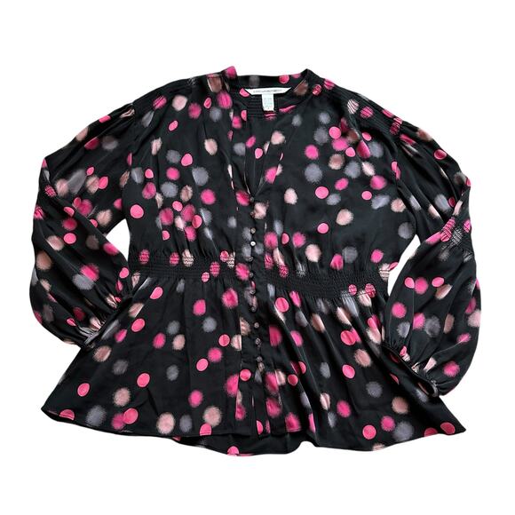 Diane Von Furstenberg black & pink polka dot long sleeve top size 8 - Picture 12 of 12